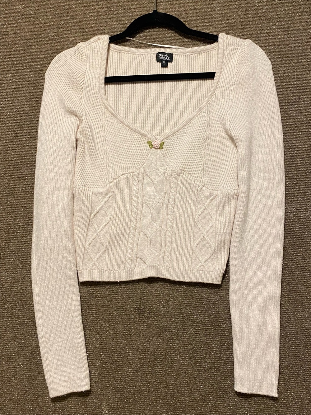 Beverly and Beck PacSun Krystal Cable-Knit Sweater Rosette Cream Crop Top M